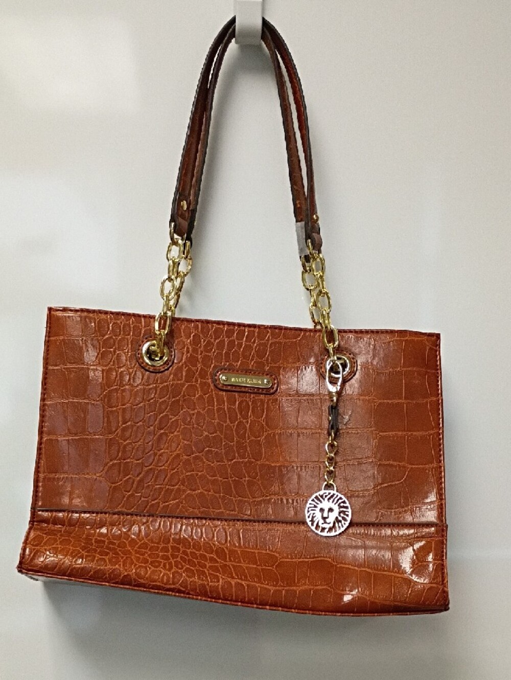 Anne Klein Cognac Croc-Embossed Tote with Gold Chain Accents